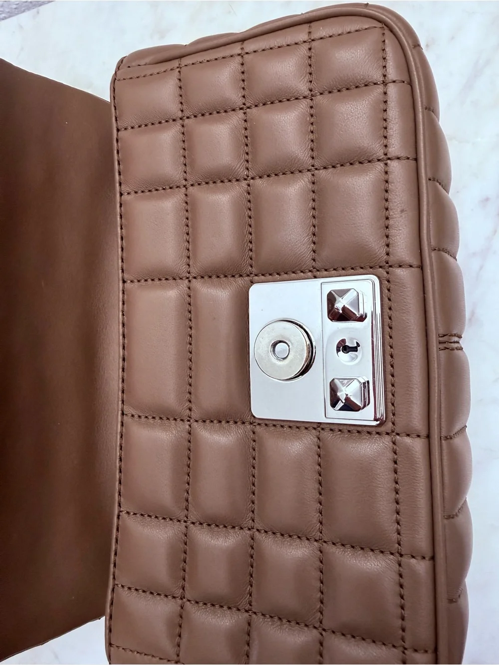 Michael Kors Quilted Shoulder Bag in Taupe Brown with Silver Hardware